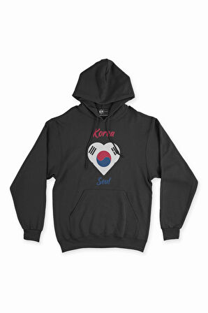 Seul Kore Bayraklı Kalpli Siyah Sweatshirt Hoodie
