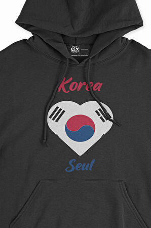 Seul Kore Bayraklı Kalpli Siyah Sweatshirt Hoodie