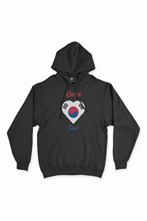 Seul Kore Bayraklı Kalpli Siyah Sweatshirt Hoodie