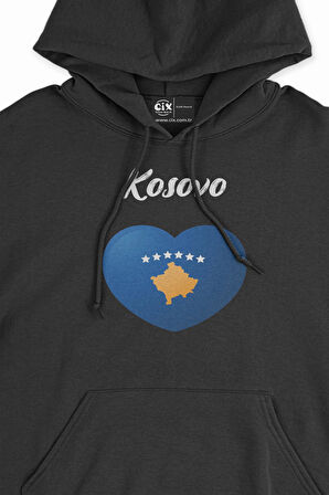Kosova Bayraklı Kalpli Siyah Sweatshirt Hoodie