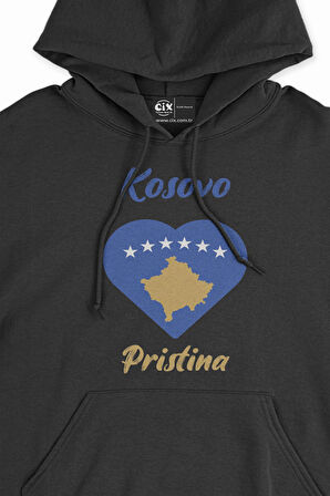 Piriştine Kosova Bayraklı Kalpli Siyah Sweatshirt Hoodie