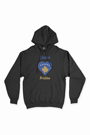 Piriştine Kosova Bayraklı Kalpli Siyah Sweatshirt Hoodie