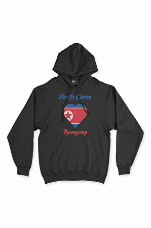 Pyongyang Kuzey Kore Bayraklı Kalpli Siyah Sweatshirt Hoodie