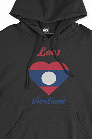 Vientiane Laos Bayraklı Kalpli Siyah Sweatshirt Hoodie
