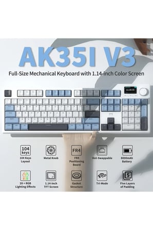 Ak35i V3 Tam Boy Mekanik Klavye, Hot-Swap, 3 Modlu 8000 Mah Pil, 1.14 İnç TFT Ekran