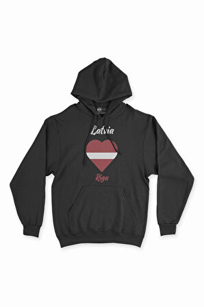 Riga Letonya Bayraklı Kalpli Siyah Sweatshirt Hoodie