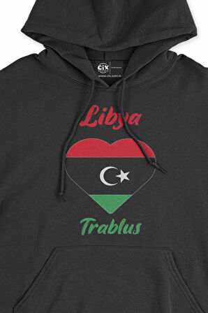 Trablus Libya Bayraklı Kalpli Siyah Sweatshirt Hoodie