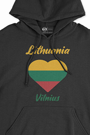 Vilnüs Litvanya Bayraklı Kalpli Siyah Sweatshirt Hoodie