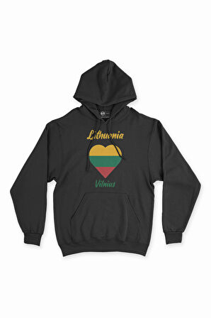 Vilnüs Litvanya Bayraklı Kalpli Siyah Sweatshirt Hoodie