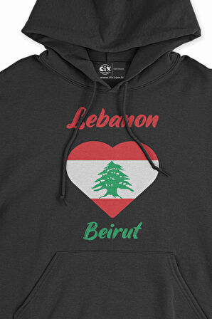 Beyrut Lübnan Bayraklı Kalpli Siyah Sweatshirt Hoodie