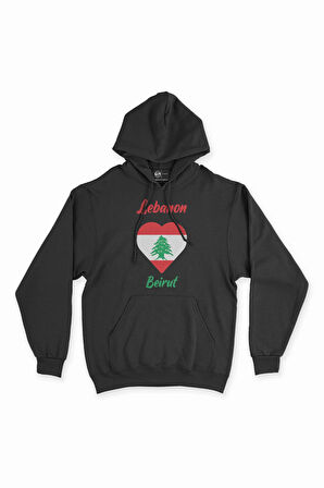 Beyrut Lübnan Bayraklı Kalpli Siyah Sweatshirt Hoodie