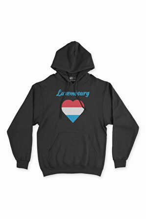 Lüksemburg Bayraklı Kalpli Siyah Sweatshirt Hoodie