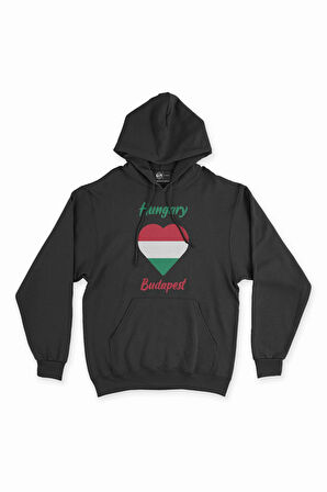 Budapeşte Macaristan Bayraklı Kalpli Siyah Sweatshirt Hoodie