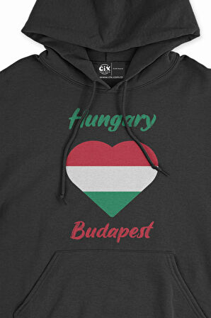 Budapeşte Macaristan Bayraklı Kalpli Siyah Sweatshirt Hoodie