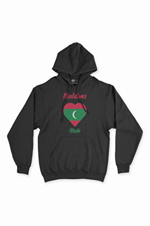 Male Maldivler Bayraklı Kalpli Siyah Sweatshirt Hoodie