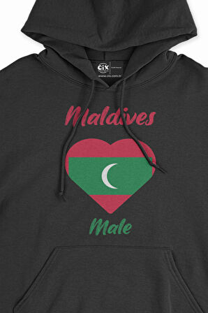 Male Maldivler Bayraklı Kalpli Siyah Sweatshirt Hoodie