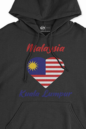 Kuala Lumbur Malezya Bayraklı Kalpli Siyah Sweatshirt Hoodie