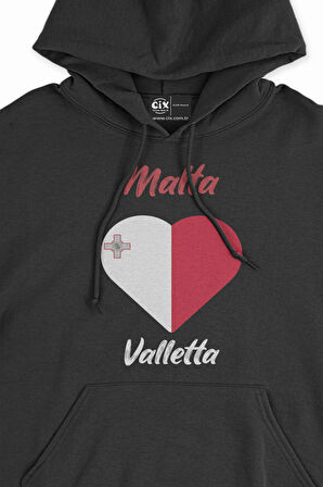 Valletta Malta Bayraklı Kalpli Siyah Sweatshirt Hoodie
