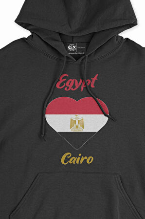 Kahire Mısır Bayraklı Kalpli Siyah Sweatshirt Hoodie