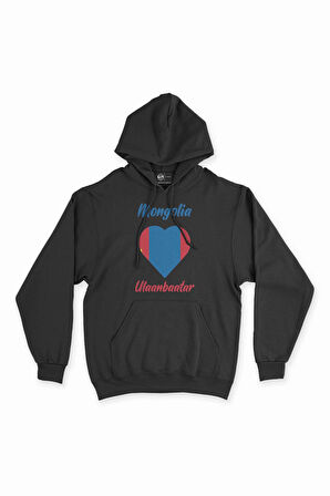 Ulan Batur Moğolistan Bayraklı Kalpli Siyah Sweatshirt Hoodie