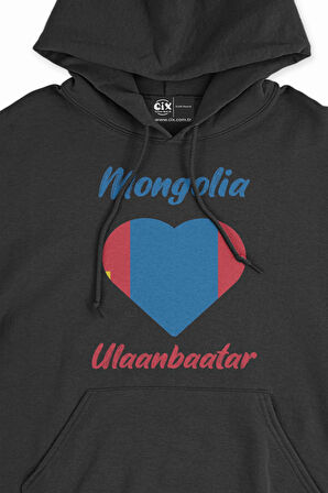 Ulan Batur Moğolistan Bayraklı Kalpli Siyah Sweatshirt Hoodie