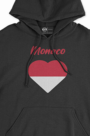 Monako Bayraklı Kalpli Siyah Sweatshirt Hoodie