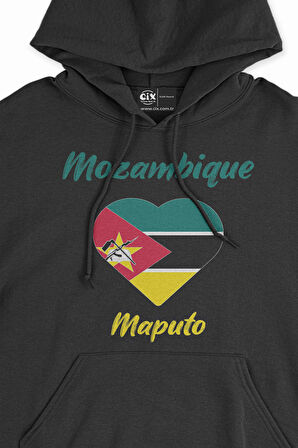 Maputo Mozambik Bayraklı Kalpli Siyah Sweatshirt Hoodie