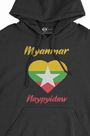 Naypyidaw Myanmar Bayraklı Kalpli Siyah Sweatshirt Hoodie
