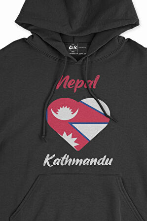 Katmandu Nepal Bayraklı Kalpli Siyah Sweatshirt Hoodie