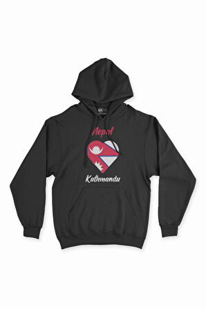 Katmandu Nepal Bayraklı Kalpli Siyah Sweatshirt Hoodie