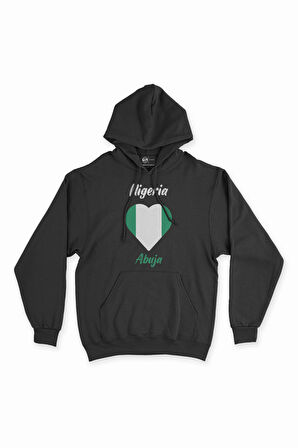 Abuja Nijerya Bayraklı Kalpli Siyah Sweatshirt Hoodie