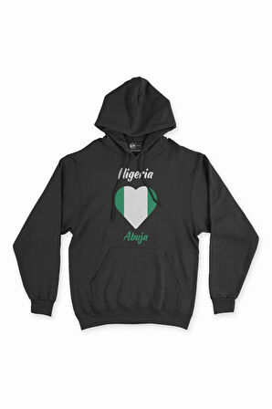 Abuja Nijerya Bayraklı Kalpli Siyah Sweatshirt Hoodie