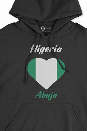 Abuja Nijerya Bayraklı Kalpli Siyah Sweatshirt Hoodie