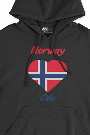 Oslo Norveç Bayraklı Kalpli Siyah Sweatshirt Hoodie