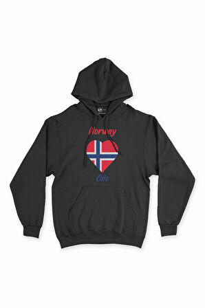 Oslo Norveç Bayraklı Kalpli Siyah Sweatshirt Hoodie