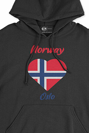 Oslo Norveç Bayraklı Kalpli Siyah Sweatshirt Hoodie