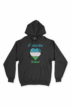 Taşkent Özbekistan Bayraklı Kalpli Siyah Sweatshirt Hoodie