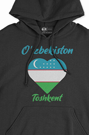 Taşkent Özbekistan Bayraklı Kalpli Siyah Sweatshirt Hoodie