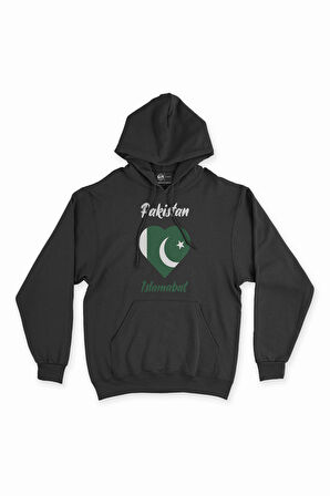 İslamabat Pakistan Bayraklı Kalpli Siyah Sweatshirt Hoodie