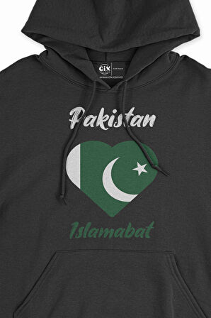 İslamabat Pakistan Bayraklı Kalpli Siyah Sweatshirt Hoodie