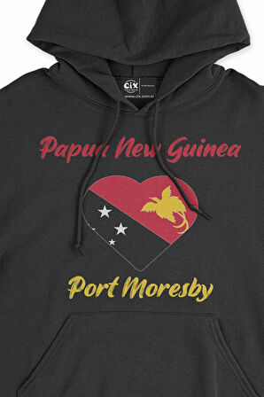 Port Moresby Papua Yeni Gine  Bayraklı Kalpli Siyah Sweatshirt Hoodie