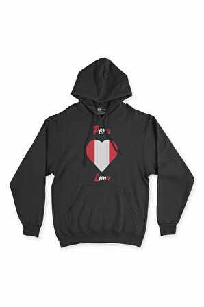 Lima Peru Bayraklı Kalpli Siyah Sweatshirt Hoodie