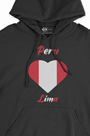 Lima Peru Bayraklı Kalpli Siyah Sweatshirt Hoodie