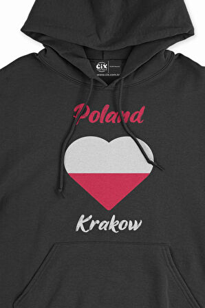 Krakow Polonya Bayraklı Kalpli Siyah Sweatshirt Hoodie