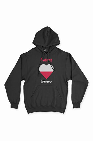Varşova Polonya Bayraklı Kalpli Siyah Sweatshirt Hoodie