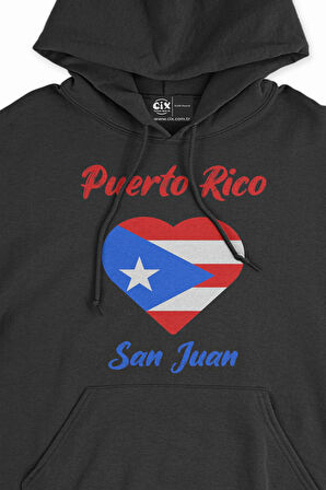 San Juan Porta Riko Bayraklı Kalpli Siyah Sweatshirt Hoodie