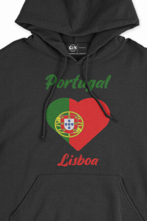 Lizbon Portekiz Bayraklı Kalpli Siyah Sweatshirt Hoodie
