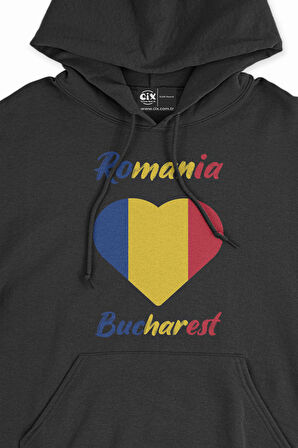 Bükreş Romanya Bayraklı Kalpli Siyah Sweatshirt Hoodie