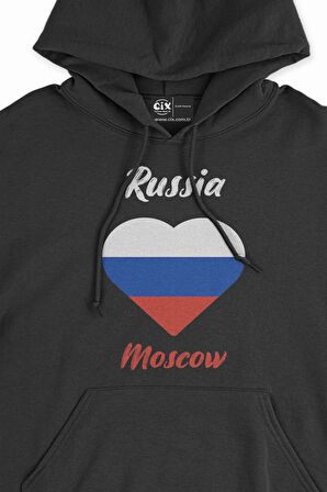 Moskova Rusya Bayraklı Kalpli Siyah Sweatshirt Hoodie