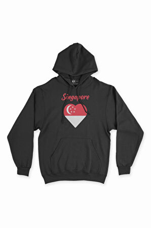 Singapur Bayraklı Kalpli Siyah Sweatshirt Hoodie